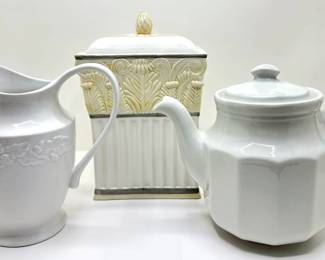 Vintage Johnson Bros Acanthus Cookie Jar, Martha Stewart Pitcher & Castler Shenango Tea Pot
Lot #: 155