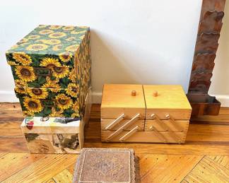 Vintage Wood Sewing Notions Box, Letter Holder, Jewelry Box & 3 Cardboard Photo Boxes
Lot #: 190