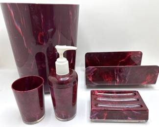 Vintage 5 Piece Marbled Acrylic Bathroom Set: Waste Basket, Soap Dish, Cup & Soap Dispenser
Lot #: 221