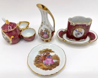 Vintage Limoges French Miniature Condiment Jar, Pitcher & Plate & German Hennenburg Toothpick Holder
Lot #: 41