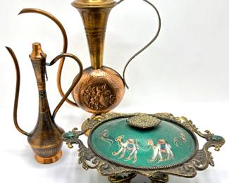 2 Vintage Middle Eastern Copper Ewer Pitchers & Bronze Candy Dish With Enameled Cover With Camels
Lot #: 163