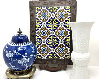 2 Vintage Lamp Bodies: Chinese Ginger Jar On Brass Stand & Japanese & Vintage Carved Wood Tile Tray
Lot #: 179