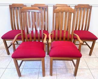 Set 6 Vintage Solid Wood Mission Style Dining Room Chairs With New Seat Covers, 2 With Arms
Lot #: 29