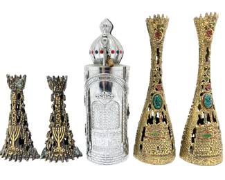Sephardic Torah Case With Scroll & 2 Pairs Vintage Metal Shabbat Candlesticks From Jerusalem
Lot #: 60