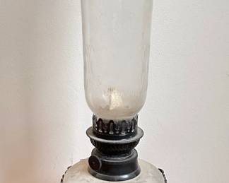 Bombay Indian Etched Glass Oil Lamp With Hurricane Shade On Metal Stand
Lot #: 193