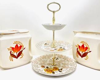 Vintage Bakerlite Pitchers With 22K Gold Accents & Staffordshire Dessert Stand
Lot #: 113