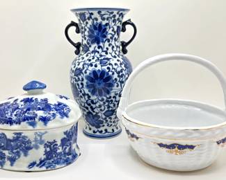 Vintage Bombay Large Porcelain Vase, Chodziez Basket From Poland & Covered Victoria Ware Covered Bowl
Lot #: 106