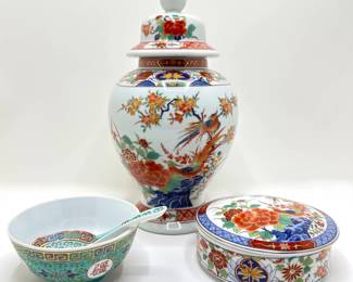 Vintage Shogun Dynasty Japanese Covered Urn With Matching Covered Bowl & Chinese Soup Bowl With Spoon
Lot #: 107