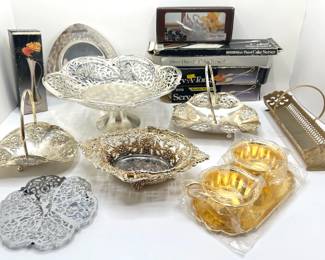 Vintage Reticulated Metal Serving Bowls, Platters & New In Box Serving Utensils (16 Pieces)
Lot #: 173