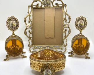 Antique Vanity Set With Porcelain Details: Picture Frame, Powder Box & 2 Footed Perfume Bottles
Lot #: 164