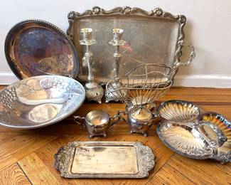 8 Vintage Silver Plate & Pewter Serving Trays, Bowls & Candlesticks & More By WM Rogers, Wallace & More
Lot #: 176