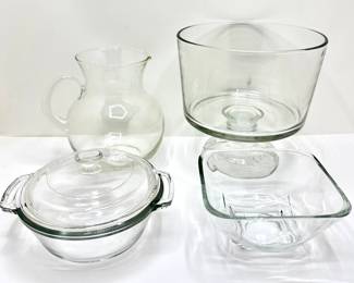 Vintage Glassware: Pyrex Covered Bowl, Large Dessert Pedestal Bowl, Pitcher & Square Bowl
Lot #: 168