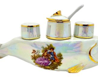 Vintage Limoges French Iridescent Salt & Pepper & Condiment Bowl With Spoon In Irridescent Fish Shaped Stand
Lot #: 28
