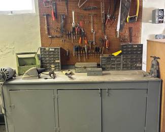 Entire Contents Of Work Bench Including Vintage Tools, Vise, Hardware & Much More
Lot #: 219