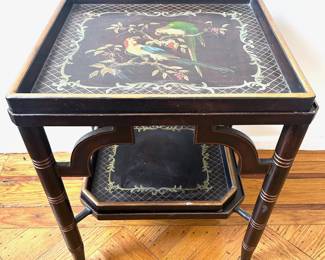 Vintage Hand Painted Japanned 2 Tier Side Table With 2 Removable Serving Trays
Lot #: 32