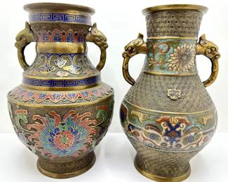 2 Vintage Asian Bronze Cloisonne Two Handled Urns With No Bottoms
Lot #: 48
