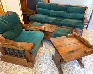 Solid set!  Includes sofa, chair, coffee table ottoman and 2 end side tables. 