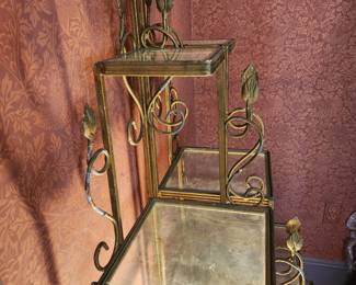 PAIR of vintage plant/display stands, painted gold, w glass shelves