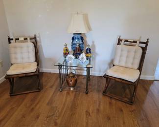 Faux Bamboo & Cane Chairs, Brass Glass Topped Table