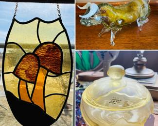 Mushroom stained glass suncatcher 
Murano glass bull figurine 
Viking glass candy dish 