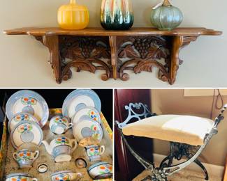 Antique wooden wall shelf 
Antique cast iron vanity chair
Antique children’s tea set 
Glass pumpkins  