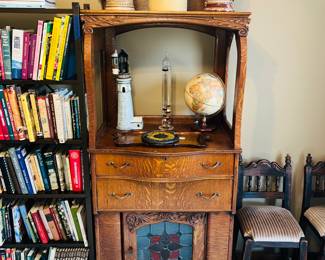 Antique tiger oak vanity dresser cabinet with stained glass storage door 
