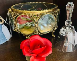 Antique jewelry casket, filigree box with rose