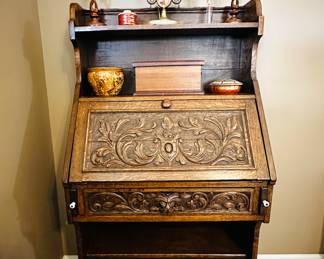 Antique wood carved secretary desk 