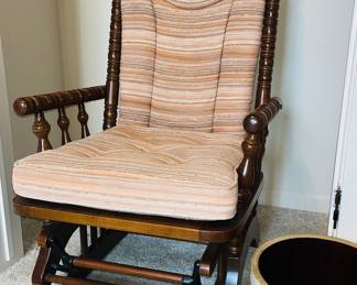 Solid wood glider rocker 
Large stoneware crock 