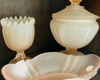 Vintage Anchor Hocking pink frosted candy dish and other glassware 