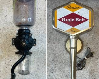 Vintage Grain Belt wall sconce/light  
Vintage beer advertising 
Antique Arcade Crystal cast iron wall mount coffee grinder