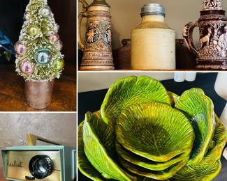 Ceramic Holland cabbage dish set 
Vintage electronics
Vintage beer steins 
Macomb stoneware jar with metal lid 