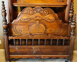 Antique ornate wood carved full size bed