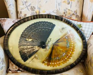 Antique hand painted Victorian folding fan artwork in bubble glass frame 