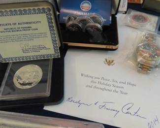 2014 Rosalynn & President Jimmy Carter Signed Christmas Card, President Obama Wristwatch &Coins 