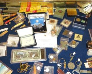 Collectable Coins, Keychains, Pocket Knives, Corn Pipes