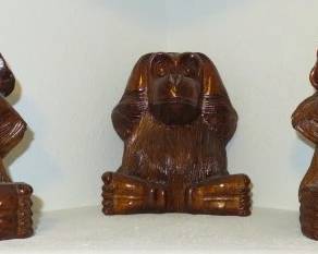 Hand Carved Solid Wood Wise Monkeys, see no evil, hear no evil, speak no evil.