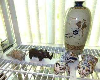 Carved Stone Armadillo, Carved Wood Rhinoceros, Mexico Tonala Pottery Shelf Sitter Cats & Vase 