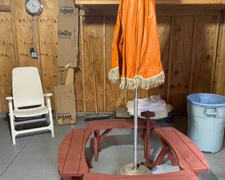 Mid Century Red Wood Patio Bench's Umbrella. Table Top in Rafters Garage