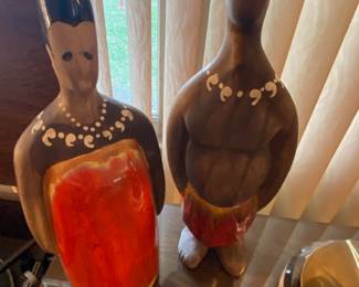 Mid Century Bellaire Art Pottery, Drip Glass Figures Hawaiian Man/Woman
