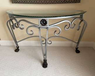 Demilune glass top silver accent table ~