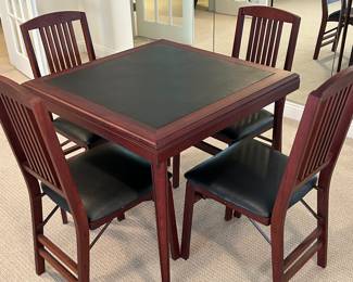 Black leather top card table with 4 chairs ~