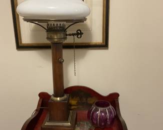 Rare wood and brass lamp with a square base ,chain and white milk glass shade.