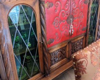 Antique Hutch w leather and carved details- Great for storing glassware etc