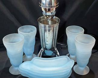 Milkshake mixer Drink Master Hamilton beach with frosted blue glass dishes. 