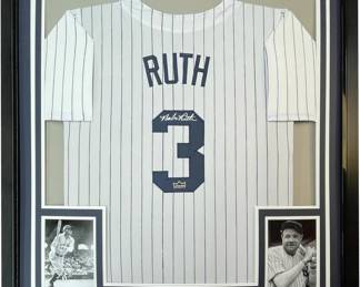 Framed Facsimile Autographed Babe Ruth 35x39 New York Pinstripe Reprint Laser Auto Baseball Jersey