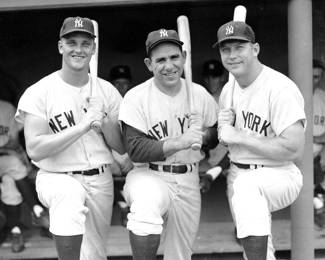 Baseball Hall Of Famers Roger Maris, Yogi Berra, and Mickey Mantle, Classic Black and White 11x14 Photo