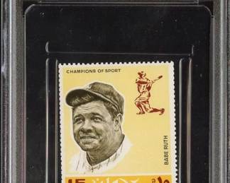 BABE RUTH 1969 AJMAN STAMPS BASEBALL PLAYERS 15DH PSA 6 YANKEES HOF frt