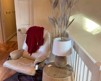 Leather recliner, great rope table (lamp sold)