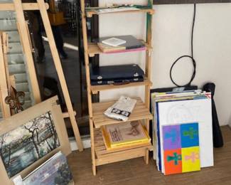 Art supplies, easels, canvasses